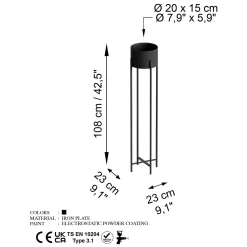 Cache-pot sur pied en métal noir – style moderne, 108 cm