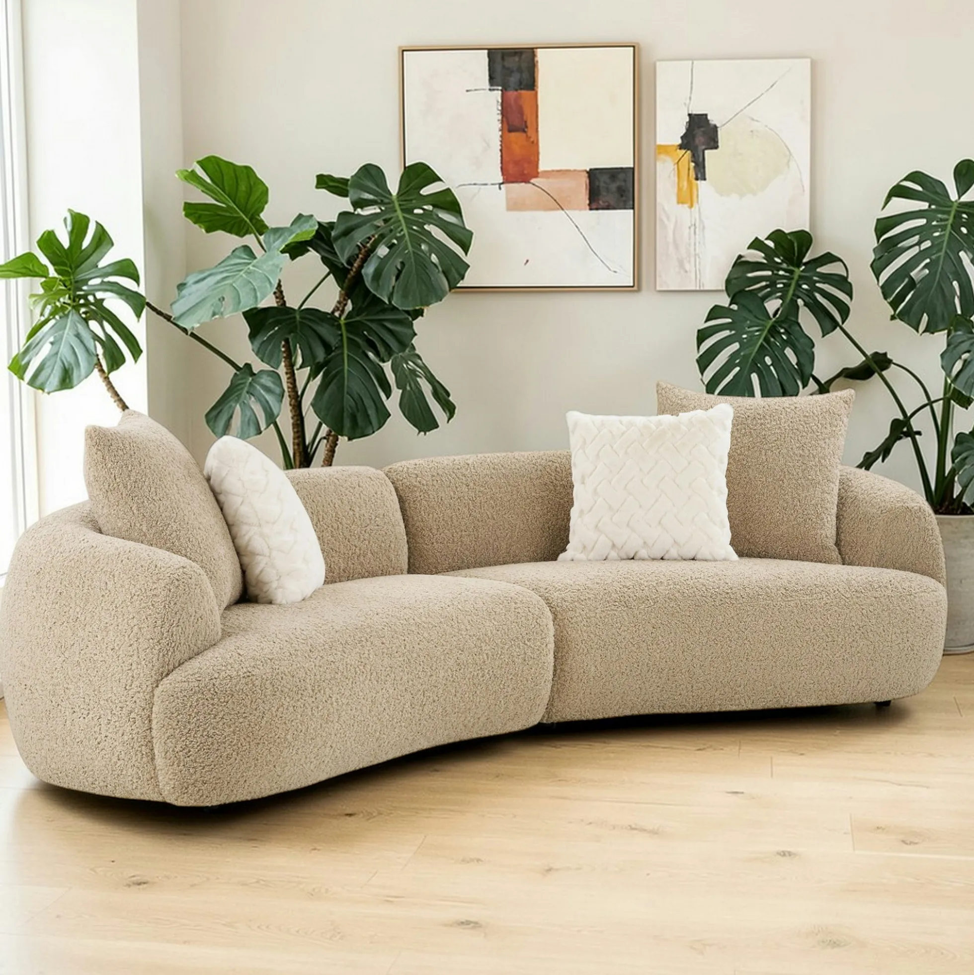 Canapé bouclette beige 3 places 4 coussins assortis NAMSOS