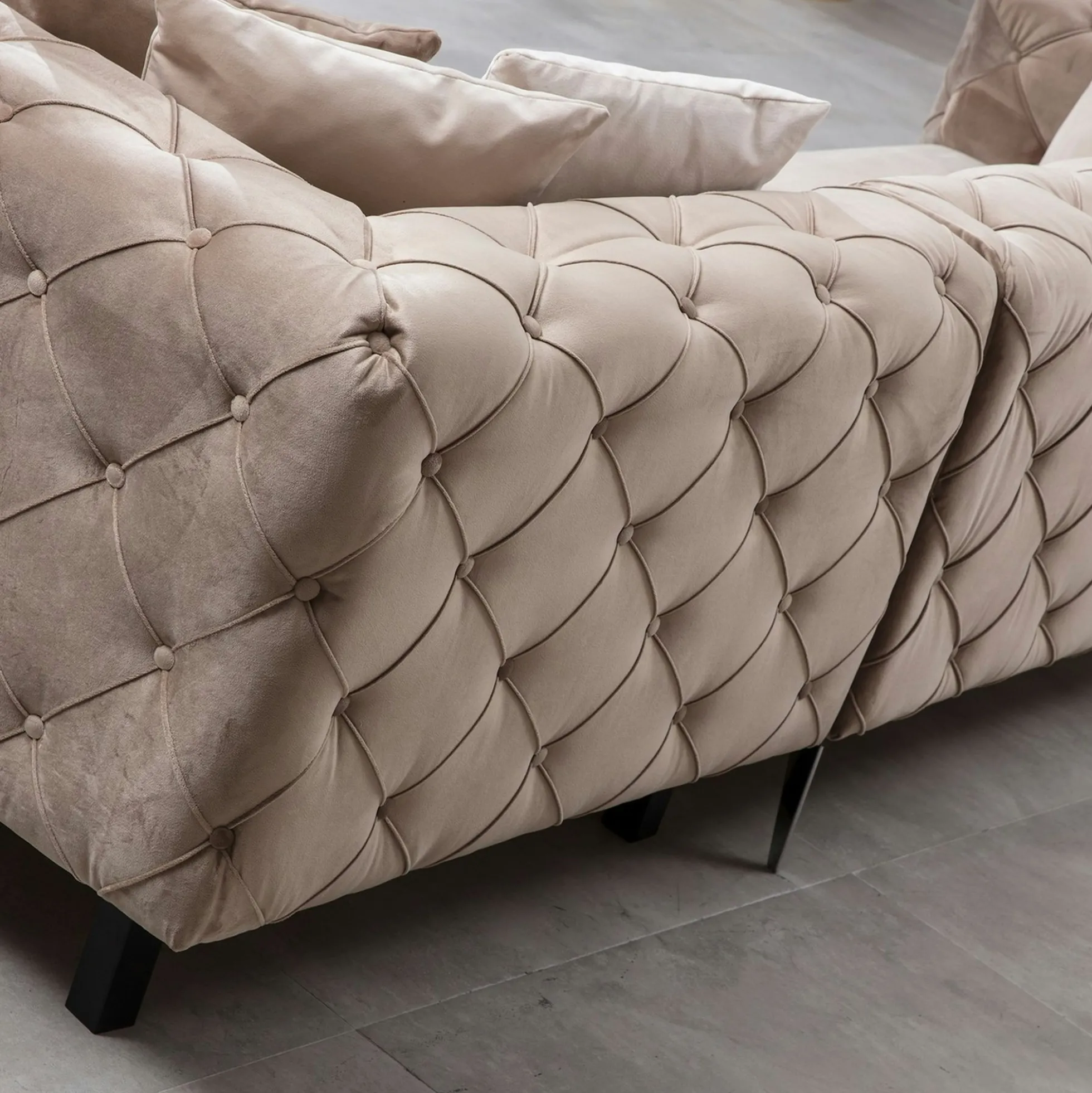 Canapé d'angle beige en velours capitonné - côté gauche DOVER