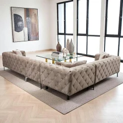 Canapé d'angle beige en velours capitonné - côté gauche DOVER