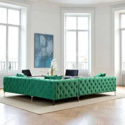 Canapé d'angle vert en velours capitonné - côté droit DOVER