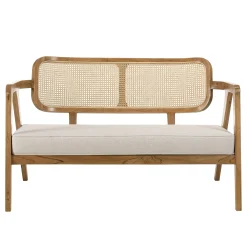 Canapé exotique 2 places dossier cannage teck et coussin gris MANAK