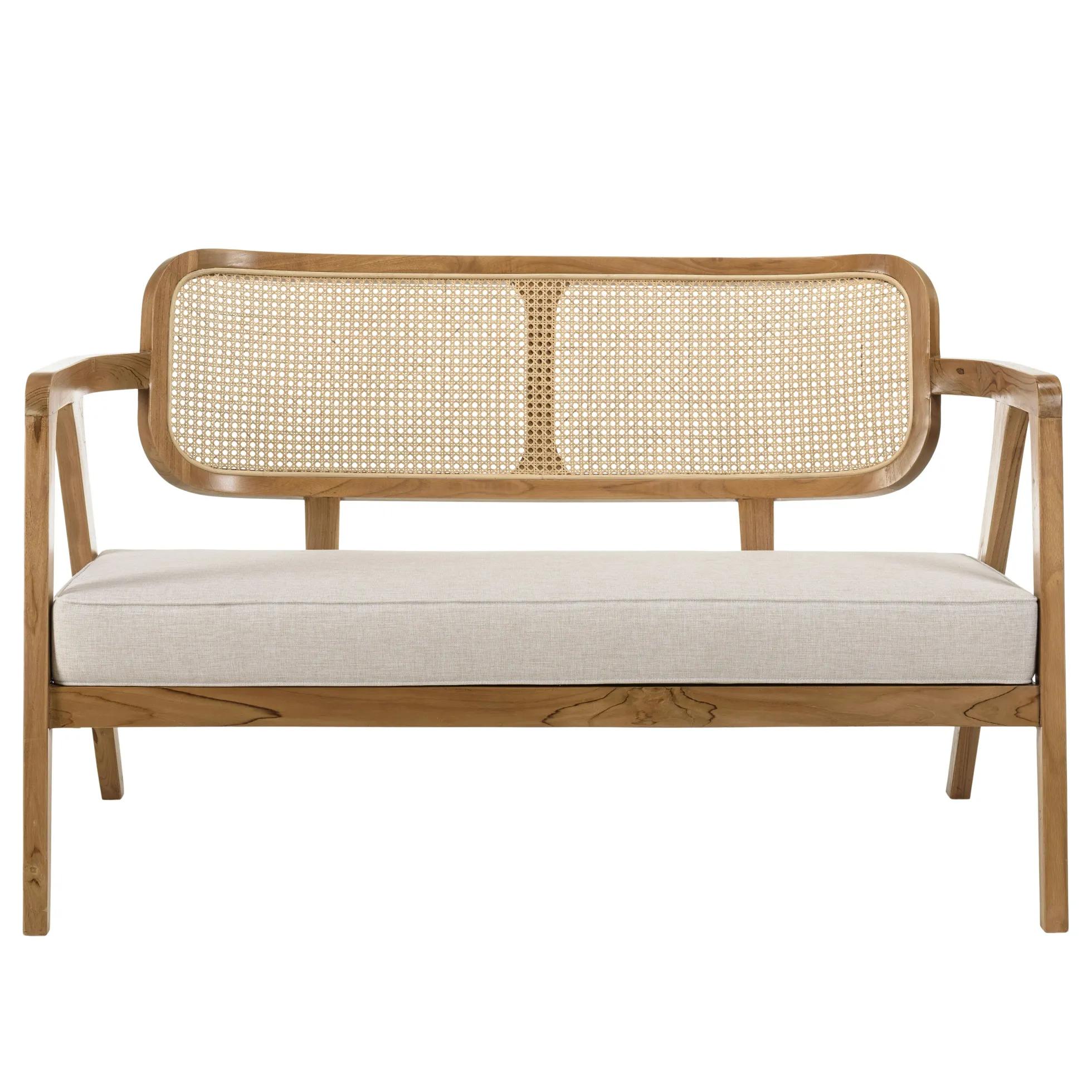 Canapé exotique 2 places dossier cannage teck et coussin gris MANAK
