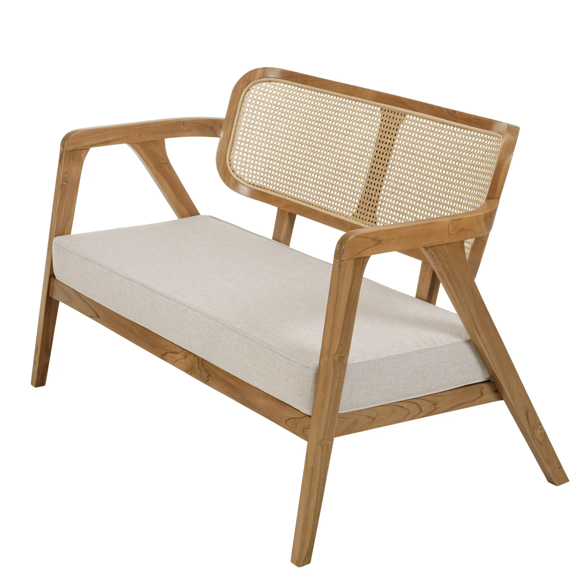 Canapé exotique 2 places dossier cannage teck et coussin gris MANAK