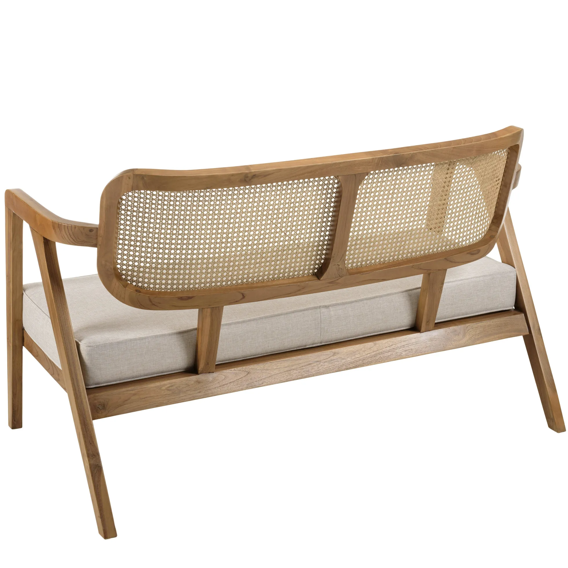 Canapé exotique 2 places dossier cannage teck et coussin gris MANAK
