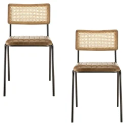 Chaise assise cuir havane dossier rotin (lot de 2) TIM