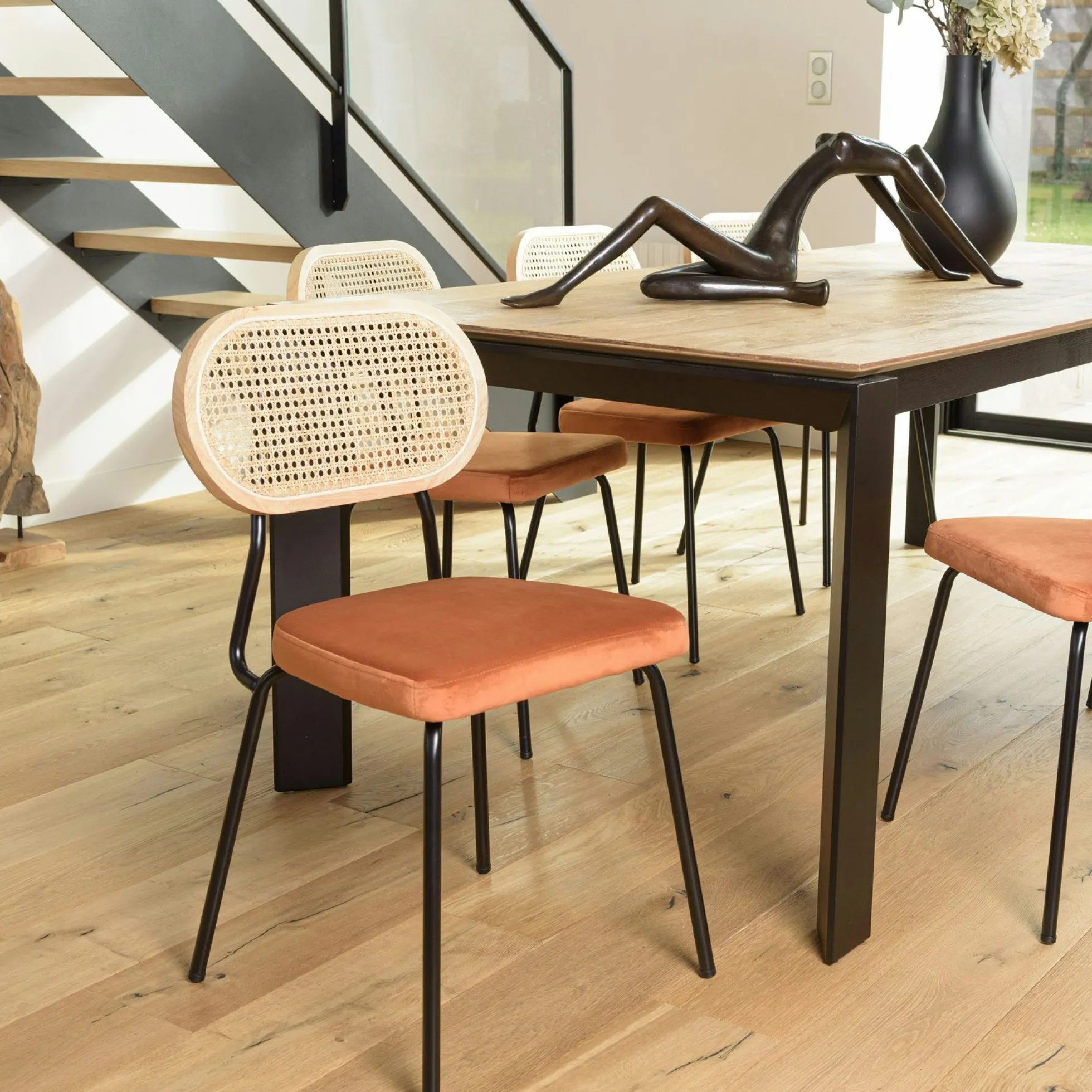 Chaise assise velours orange dossier rotin (lot de 2) PALMA