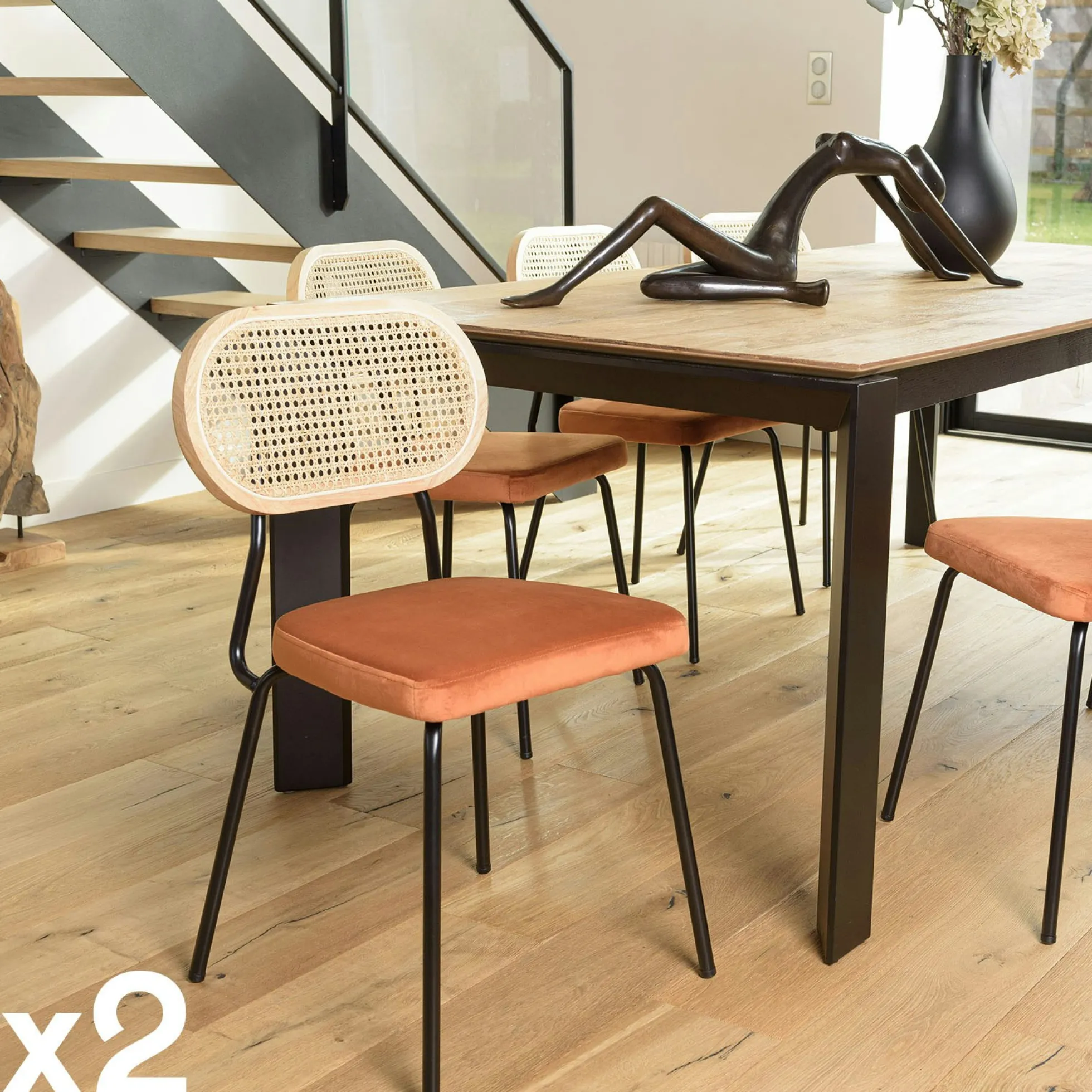 Chaise assise velours orange dossier rotin (lot de 2) PALMA
