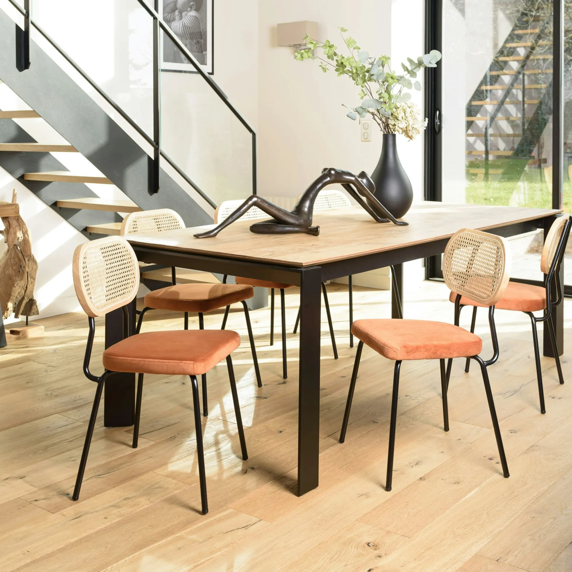 Chaise assise velours orange dossier rotin (lot de 2) PALMA