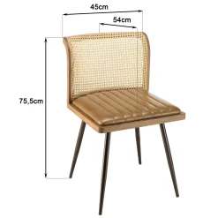 Chaise bois et cannage assise cuir havane (lot de 2) TIM