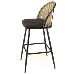 Chaise de bar assise velours noir dossier rotin arrondi (lot de 2) LOANO