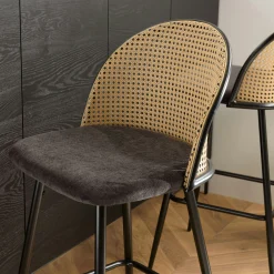 Chaise de bar assise velours noir dossier rotin arrondi (lot de 2) LOANO