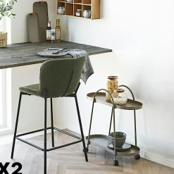 Chaise de bar bouclette verte pieds métal noir (lot de 2) BERLIN