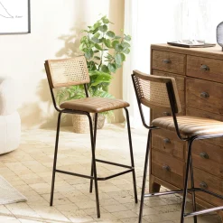 Chaise de bar cuir havane et cannage (lot de 2) TIM