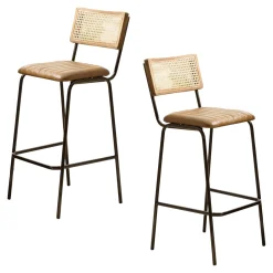 Chaise de bar cuir havane et cannage (lot de 2) TIM