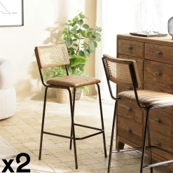 Chaise de bar cuir havane et cannage (lot de 2) TIM