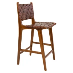 Chaise de bar en bois de teck et cuir marron MENDOZA