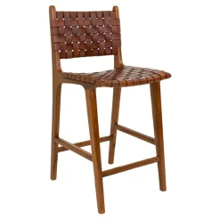 Chaise de bar en bois de teck et cuir marron MENDOZA