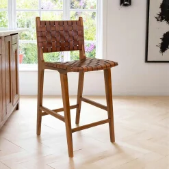 Chaise de bar en bois de teck et cuir marron MENDOZA