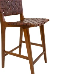 Chaise de bar en bois de teck et cuir marron MENDOZA