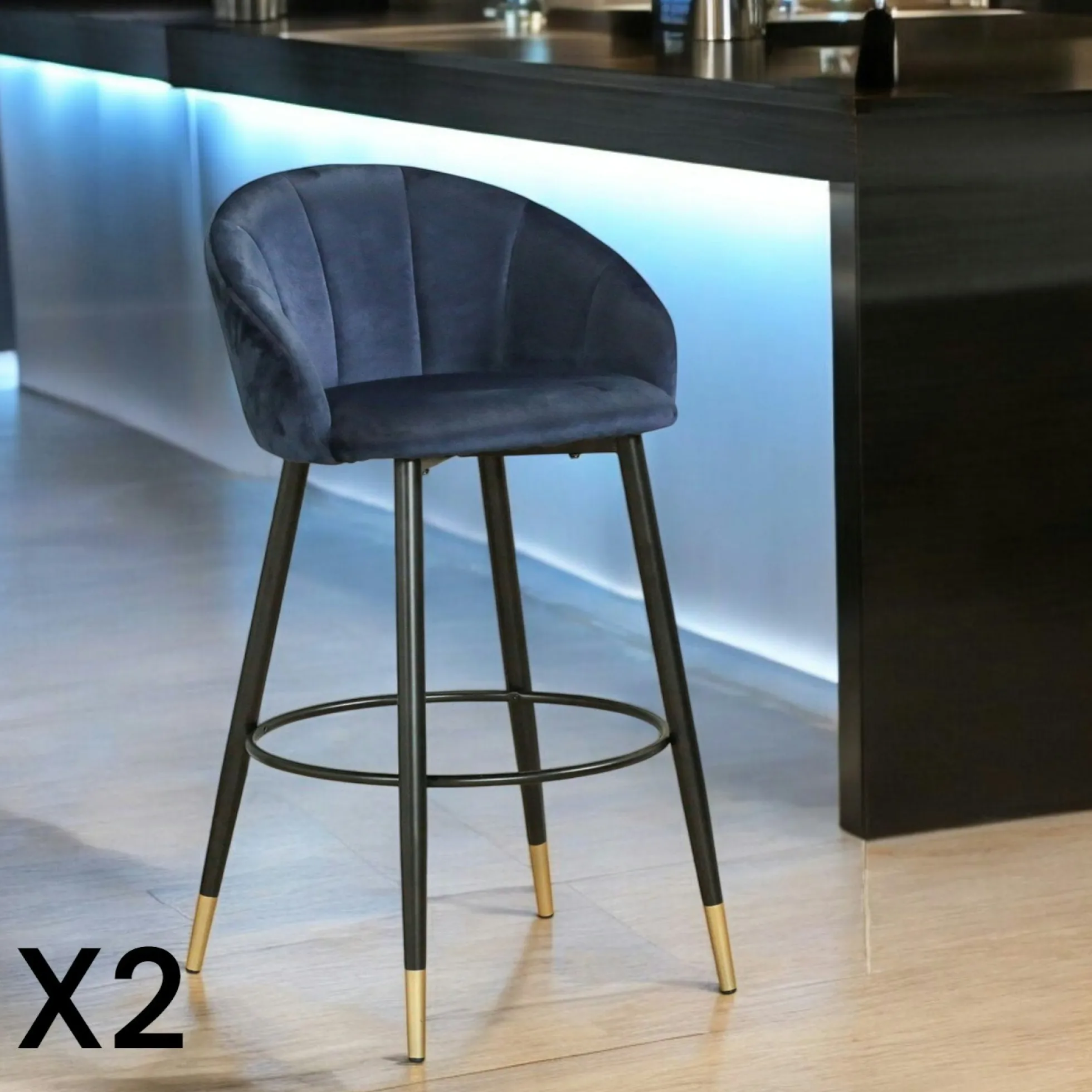 Chaise de bar en velours bleu forme coquillage (lot de 2) HAWAI