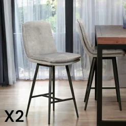 Chaise de bar en velours gris à double coussinage (lot de 2) OKA