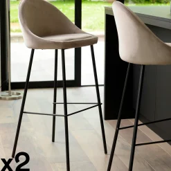 Chaise de bar velours beige TIM (lot de 2)