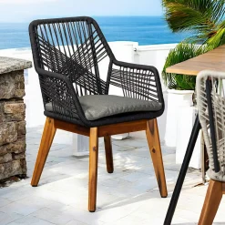 Chaise de jardin noire en corde tressée et pieds bois FSC® (lot de 2) GRENADE