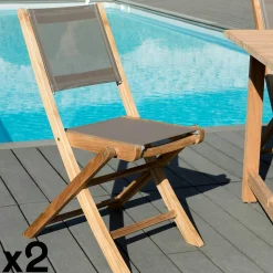 Chaise de Jardin pliante teck textilène taupe (lot de 2) SUMMER
