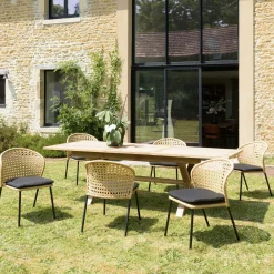 Chaise de jardin rotin synthétique couleur naturelle avec coussin noir (lot de 2) GIJON