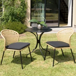 Chaise de jardin rotin synthétique couleur naturelle avec coussin noir (lot de 2) GIJON