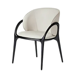 Chaise en cuir gris clair dos rond accoudoirs bois noir ALDER