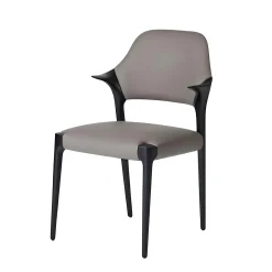 Chaise en cuir gris foncé design, accoudoirs bois noir ALDER