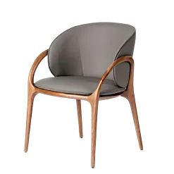 Chaise en cuir gris foncé dos rond accoudoirs bois brun ALDER