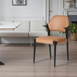 Chaise en cuir marron design, accoudoirs bois noir ALDER