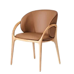 Chaise en cuir marron dos rond accoudoirs bois clair ALDER