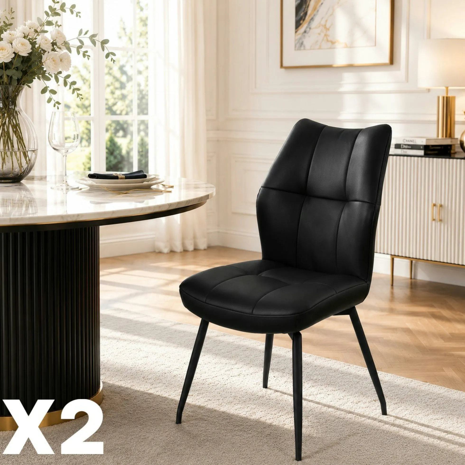 Chaise en cuir noir design damier (lot de 2) LOMBARDIE