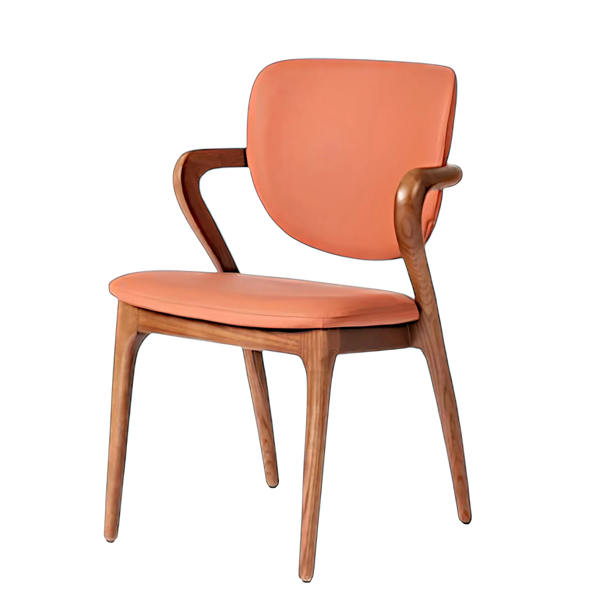 Chaise en cuir terracotta, accoudoirs bois brun ALDER