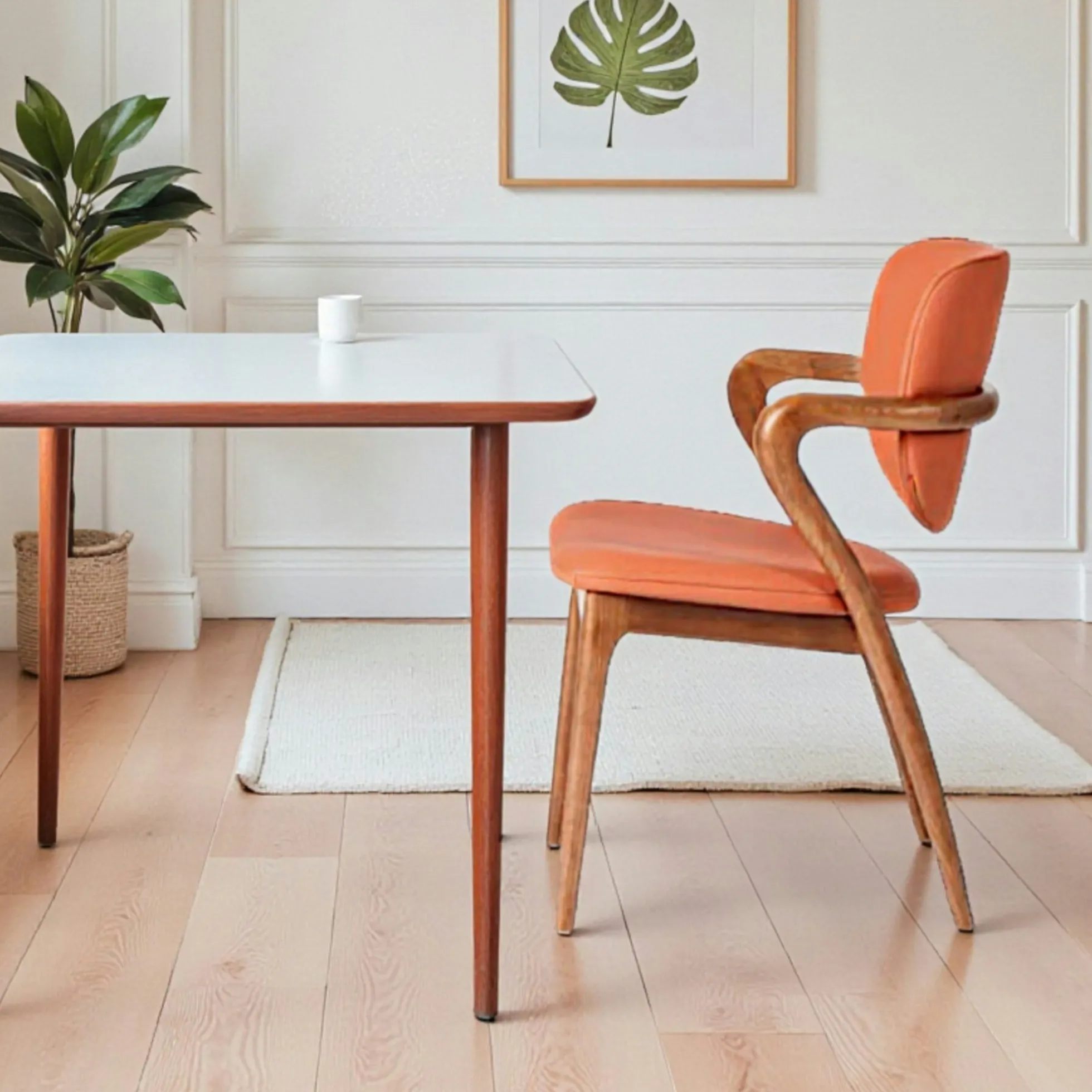 Chaise en cuir terracotta, accoudoirs bois brun ALDER