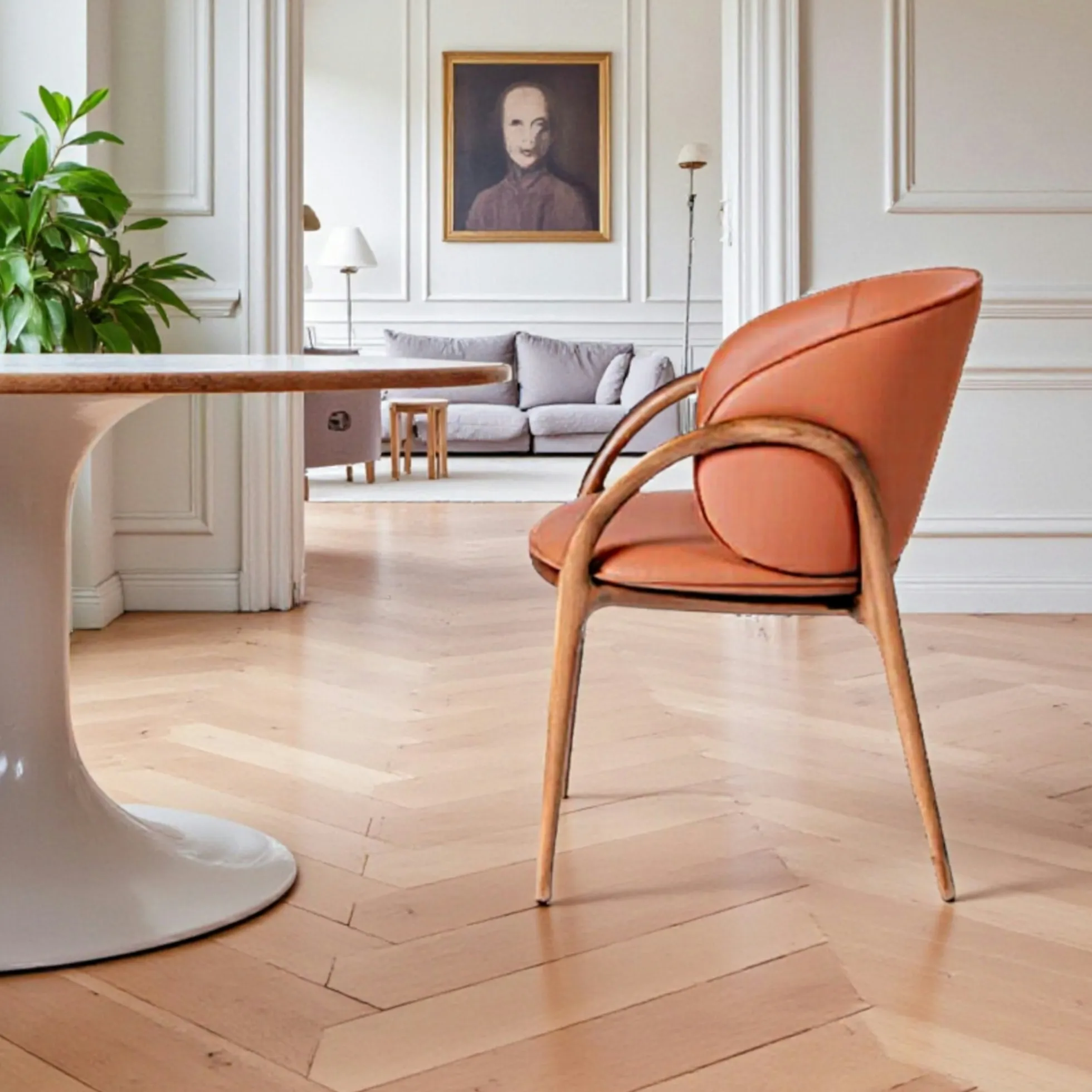 Chaise en cuir terracotta dos rond accoudoirs bois brun ALDER