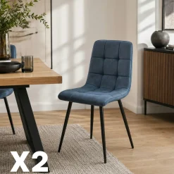 Chaise en tissu bleu motif damier (lot de 2) LORA