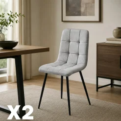 Chaise en tissu gris clair motif damier (lot de 2) LORA
