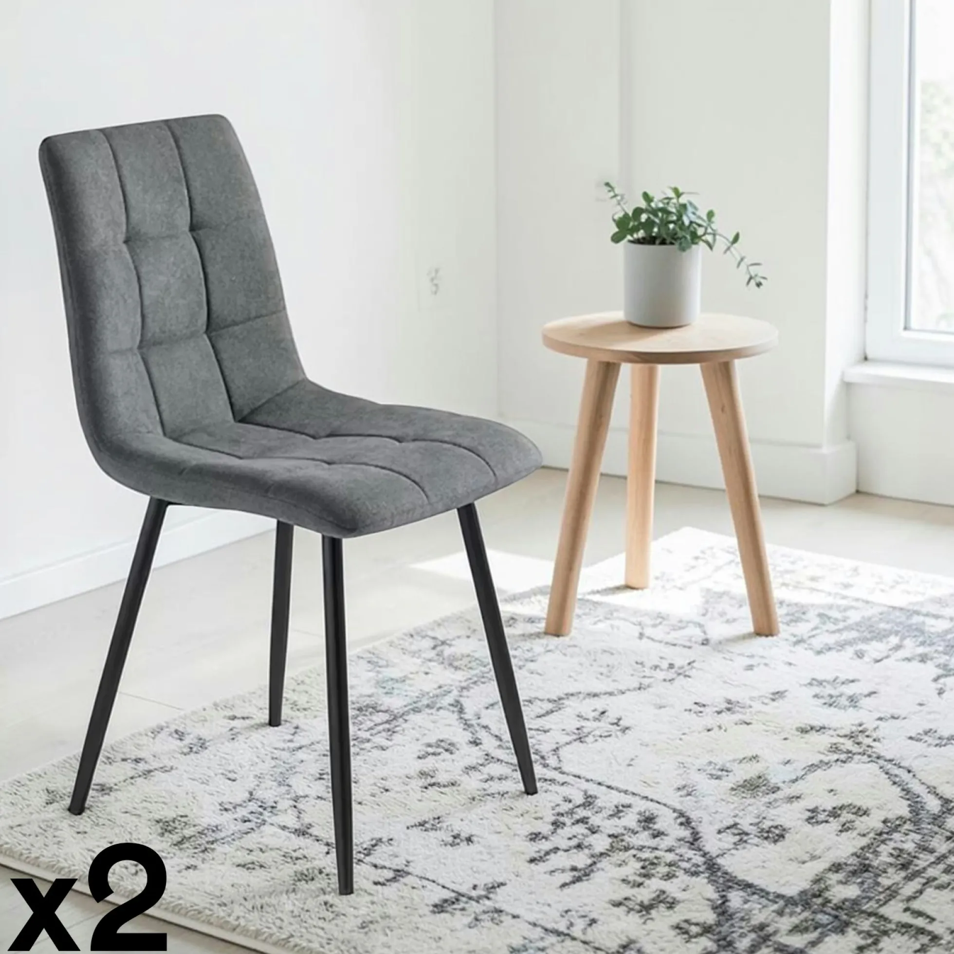 Chaise en tissu gris foncé motif damier (lot de 2) LORA