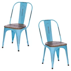 Chaise industrielle métal bleu bois recyclé LEEDS (lot de 2)