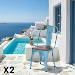 Chaise industrielle métal bleu bois recyclé LEEDS (lot de 2)