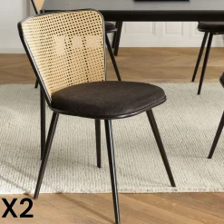 Chaise moderne dossier rotin assise velours noir (lot de 2) LOANO