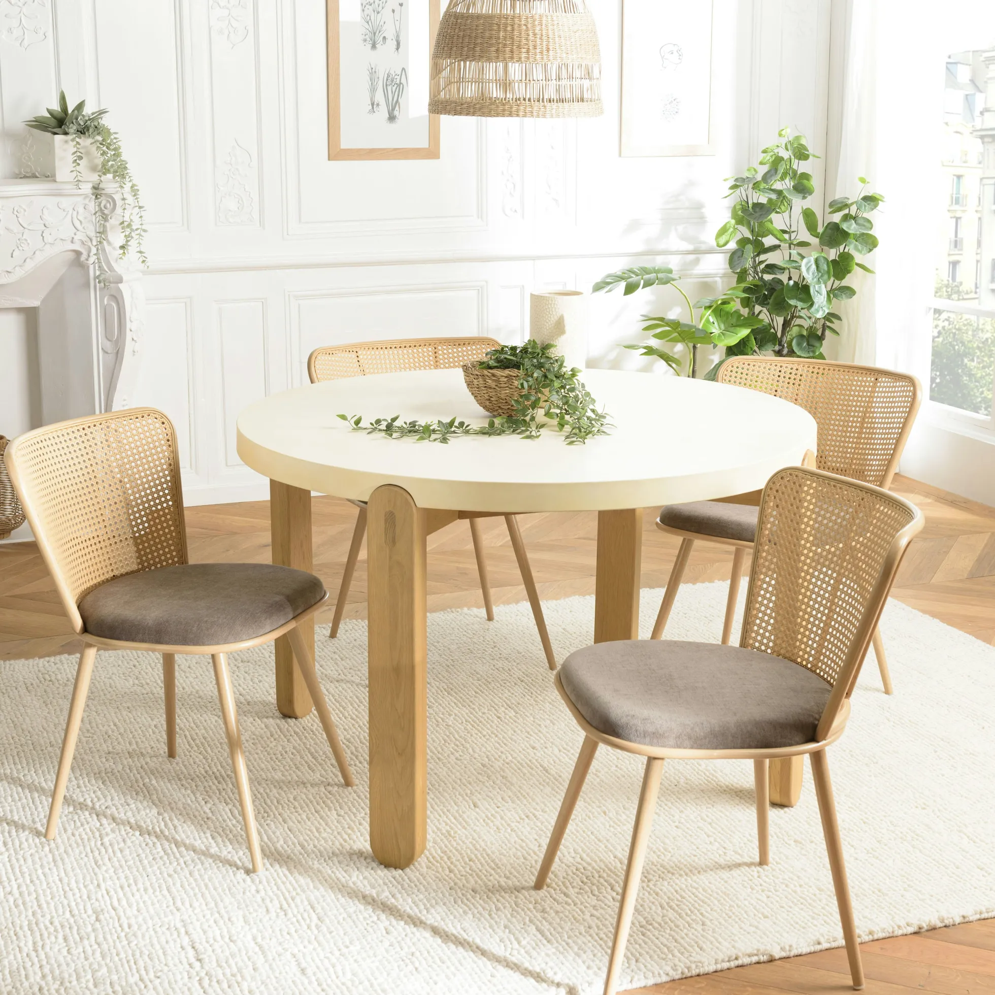 Chaise moderne dossier rotin assise velours taupe (lot de 2) LOANO