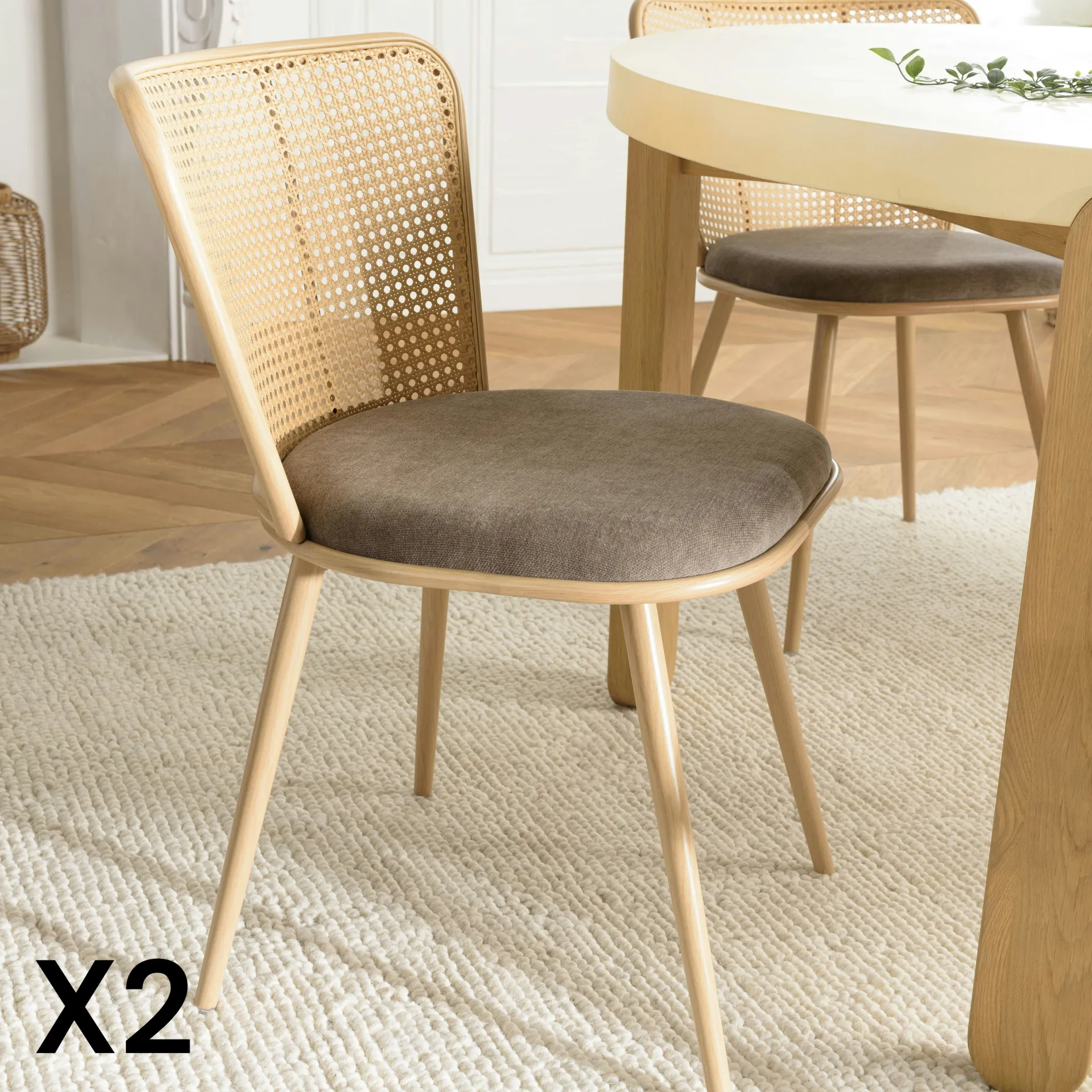 Chaise moderne dossier rotin assise velours taupe (lot de 2) LOANO