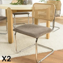 Chaise métal chromé assise velours taupe dossier rotin (lot de 2) LOANO