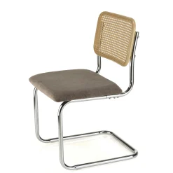 Chaise métal chromé assise velours taupe dossier rotin (lot de 2) LOANO